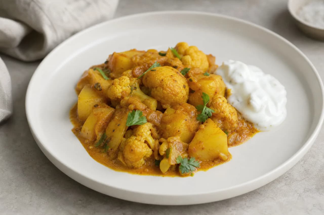 Schnelles Aloo Gobi mit Joghurt-Dip, angerichtet