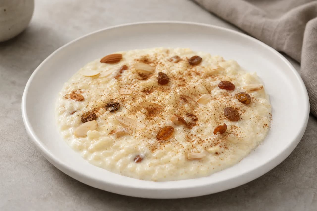 Milchreis mit Mandeln und Rosinen, angerichtet