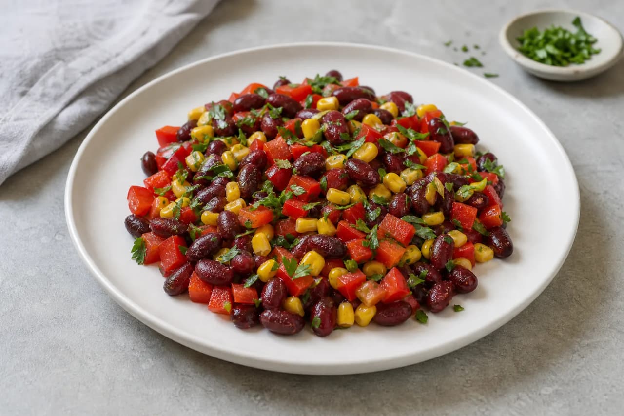 Kidneybohnen-Salat mit Mais, angerichtet
