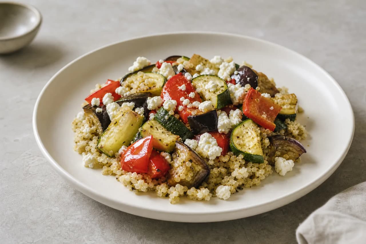 Quinoa Bowl mit Ofengemüse, angerichtet