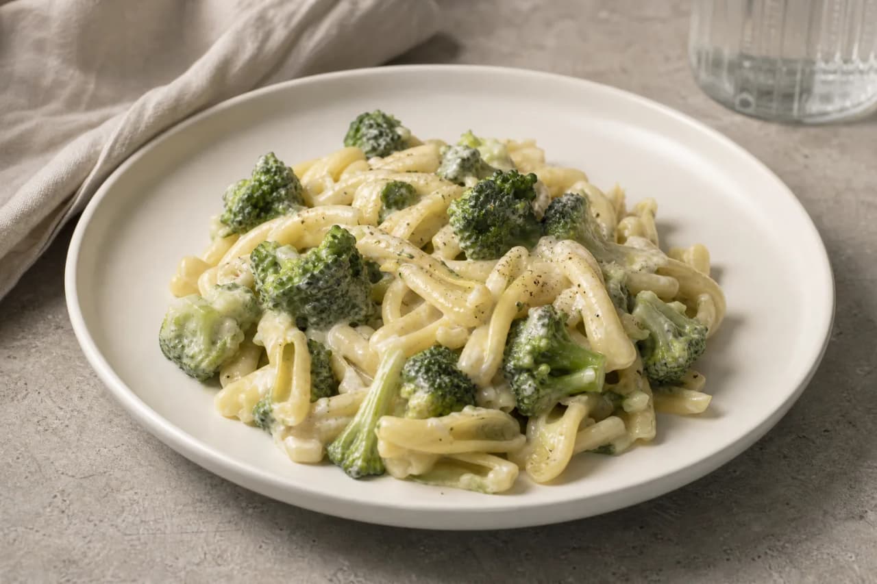 Brokkoli-Pasta mit Sahne, angerichtet