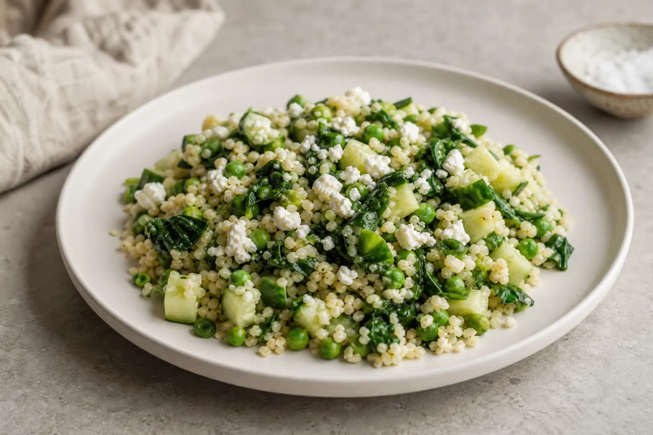 Grüner Bulgursalat mit Erbsen, Spinat und Feta, angerichtet