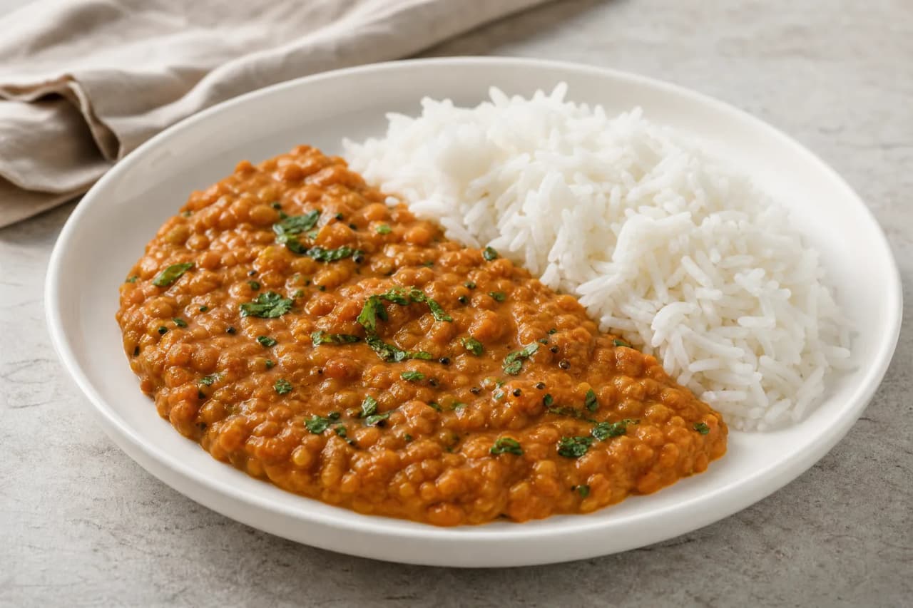 Rotes Linsen-Dal mit Reis, angerichtet