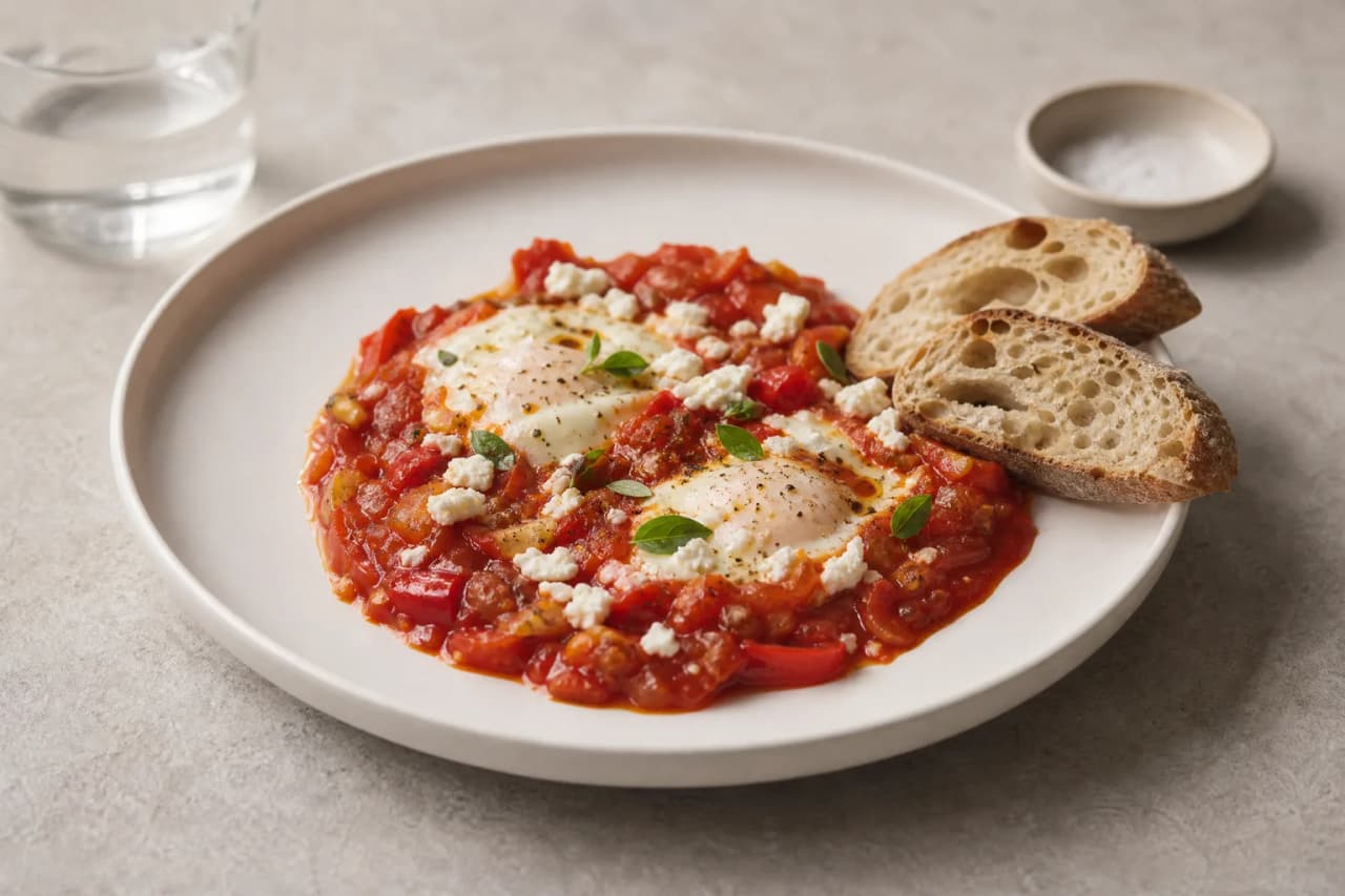Shakshuka mit Feta und Brot, angerichtet