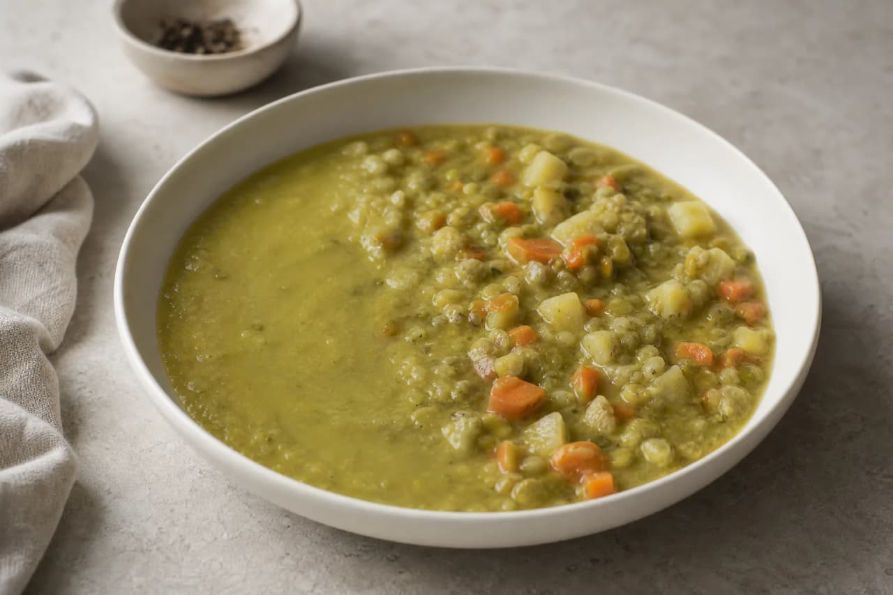 Erbsensuppe mit Kartoffeln, angerichtet