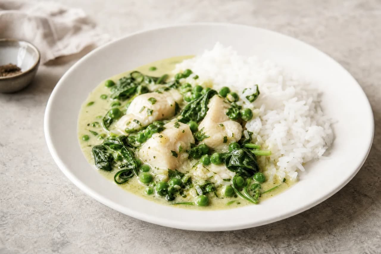 Grünes Fischcurry mit Reis, angerichtet