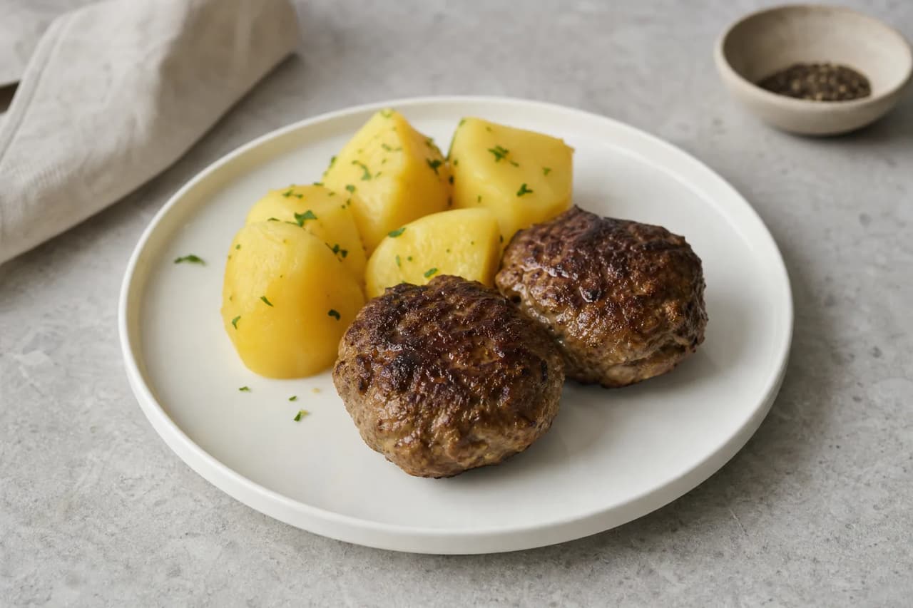 Frikadellen mit Kartoffeln, angerichtet