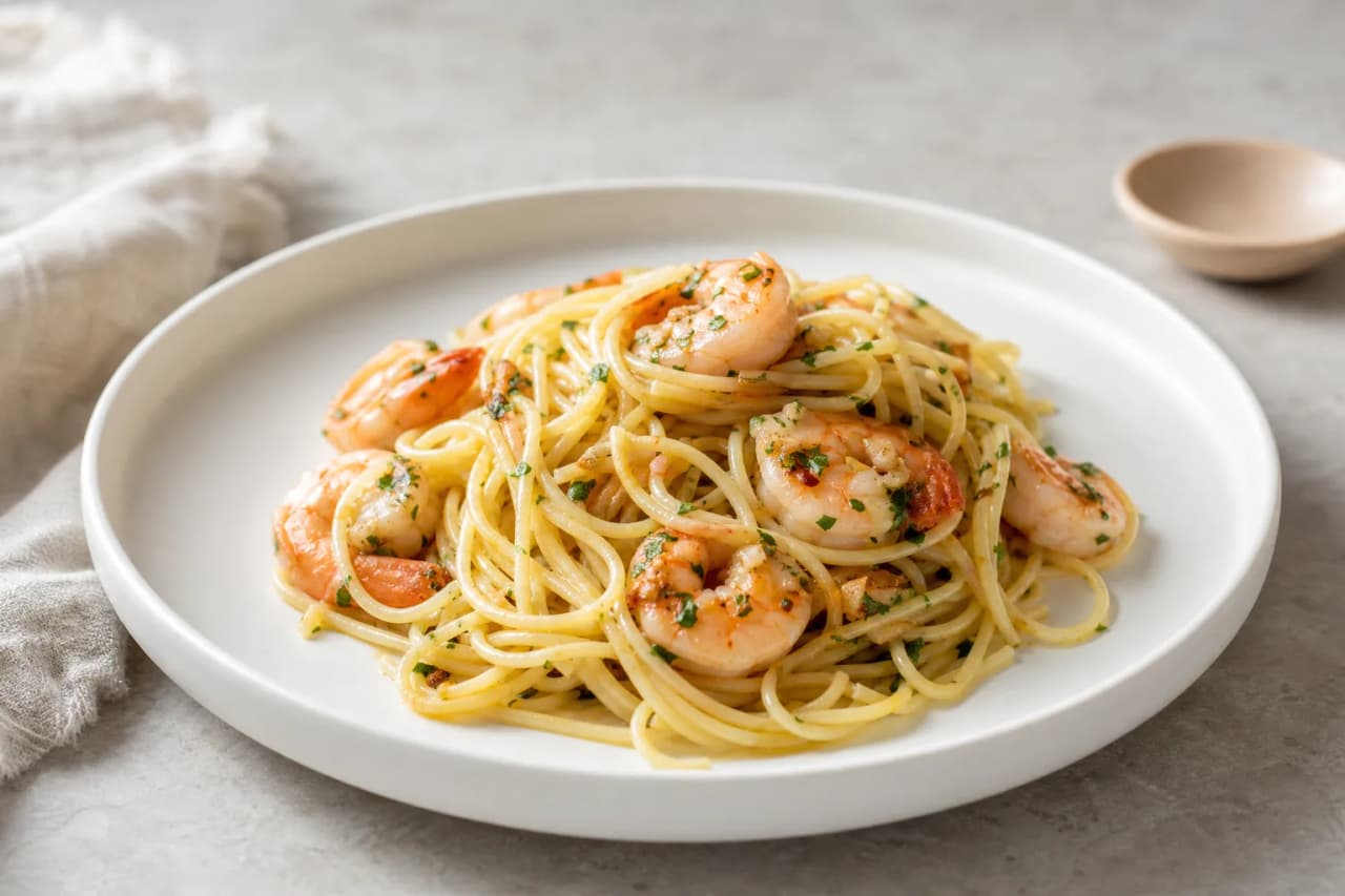 Pasta mit Garnelen und Zitrone, angerichtet