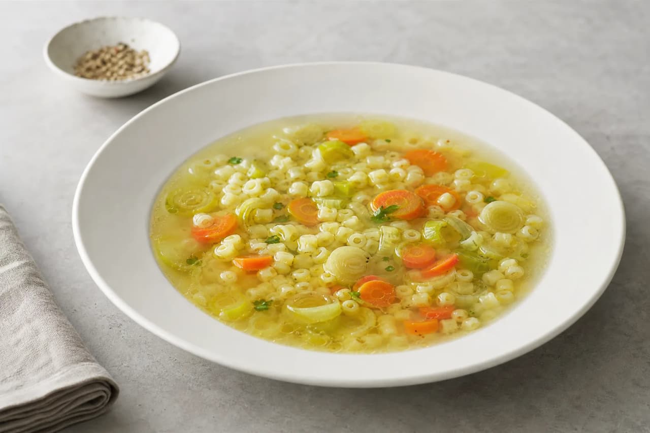 Gemüsesuppe mit Nudeln, angerichtet