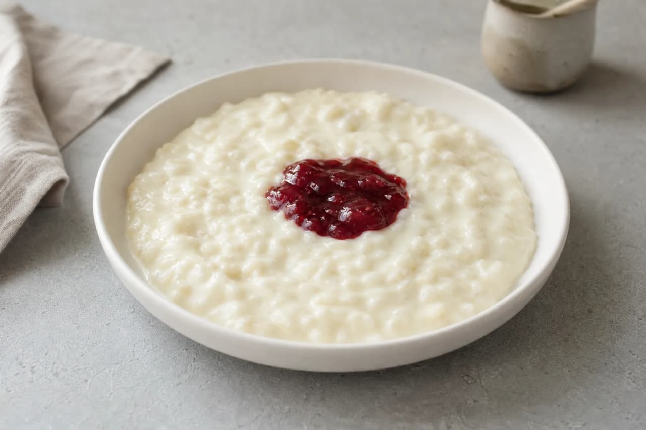 Cremiger Reisbrei mit Marmelade, angerichtet