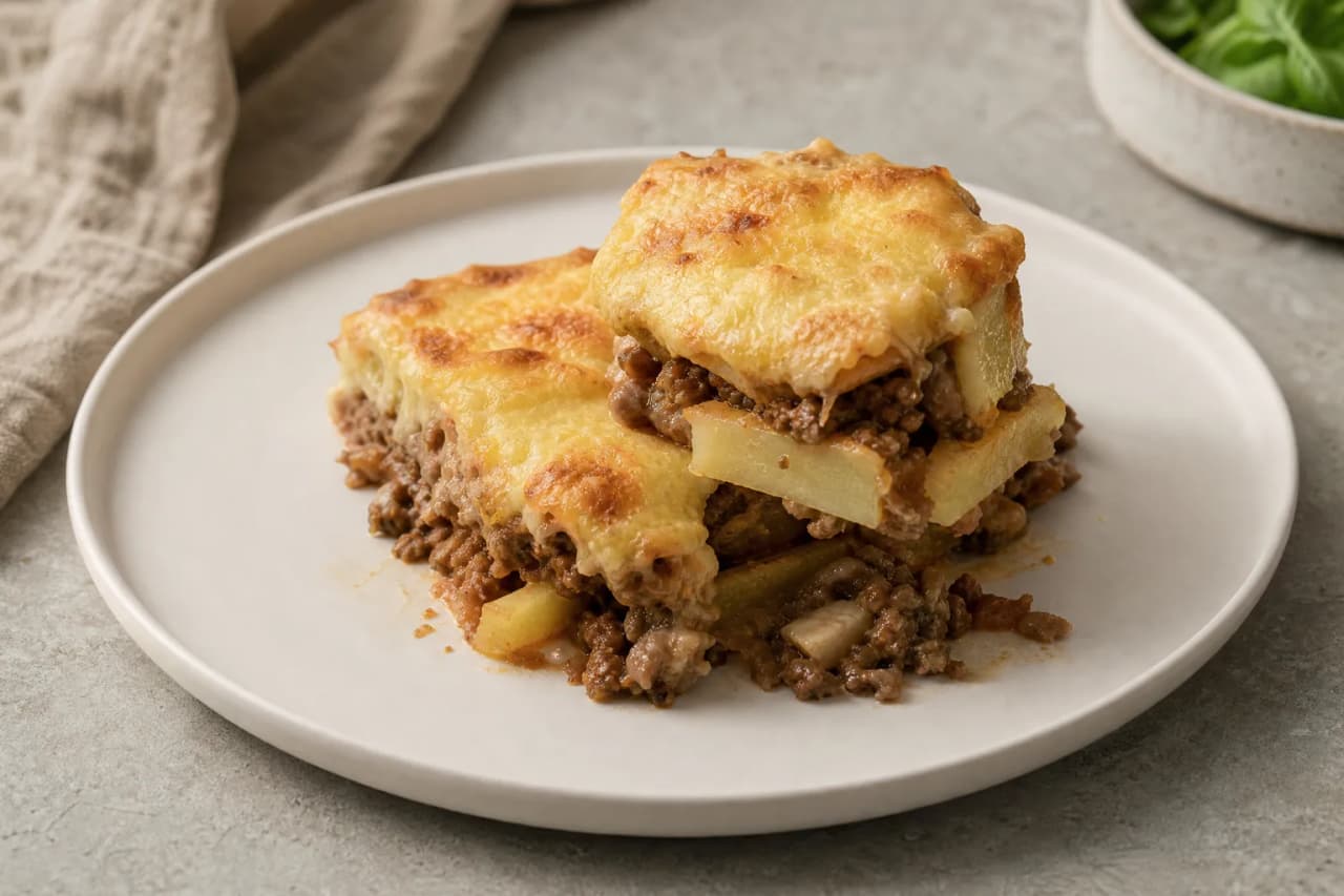 Hackfleisch-Kartoffel-Auflauf, angerichtet