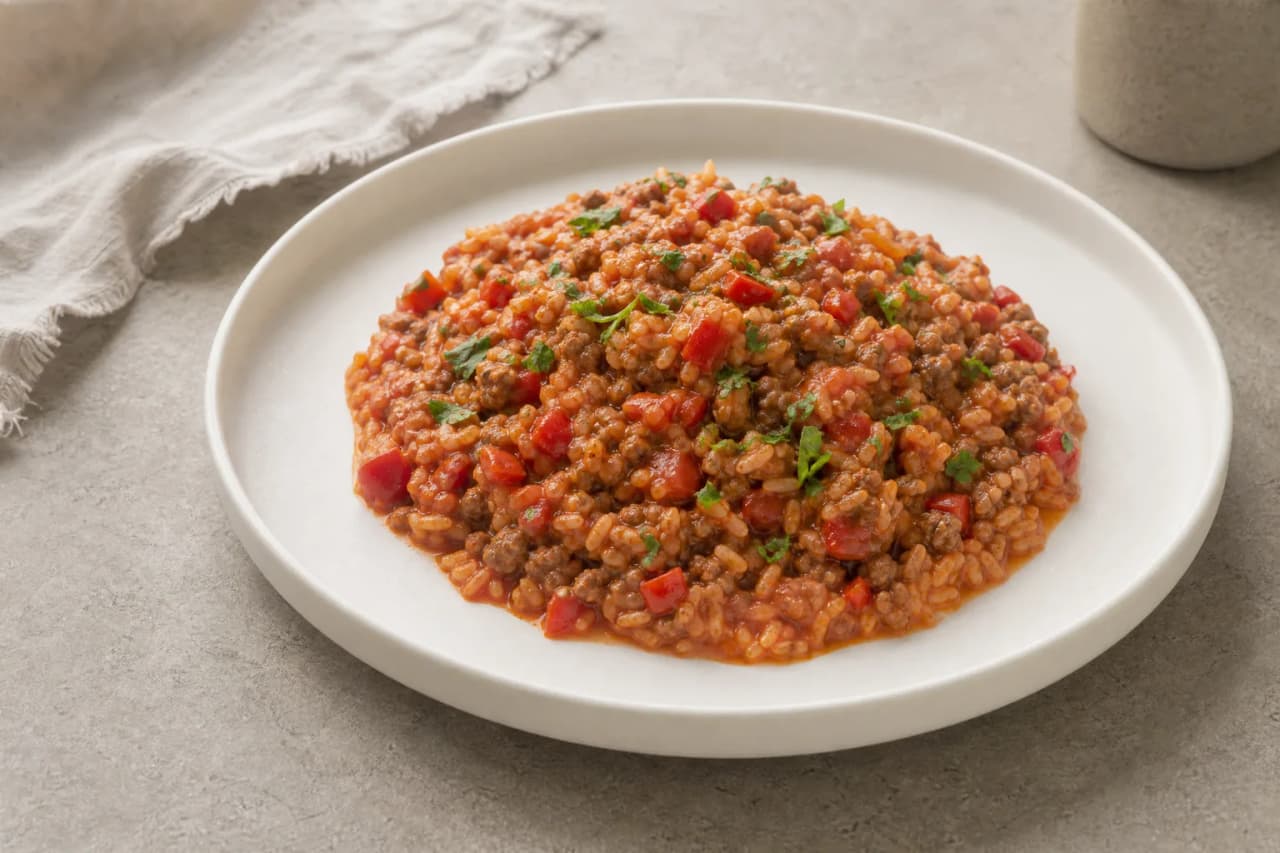 Hack-Reis-Pfanne mit Paprika, angerichtet