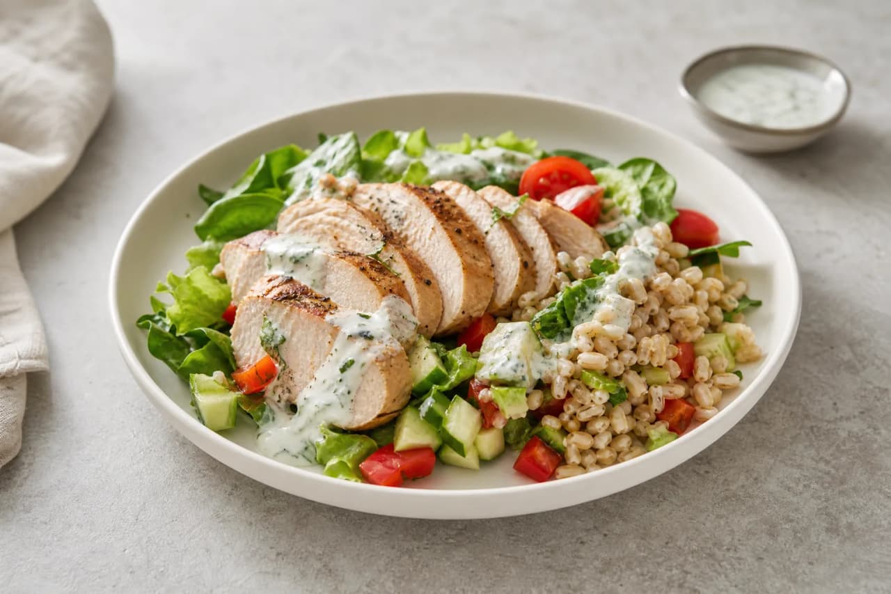 Hähnchen-Bowl mit Quarkdressing, angerichtet