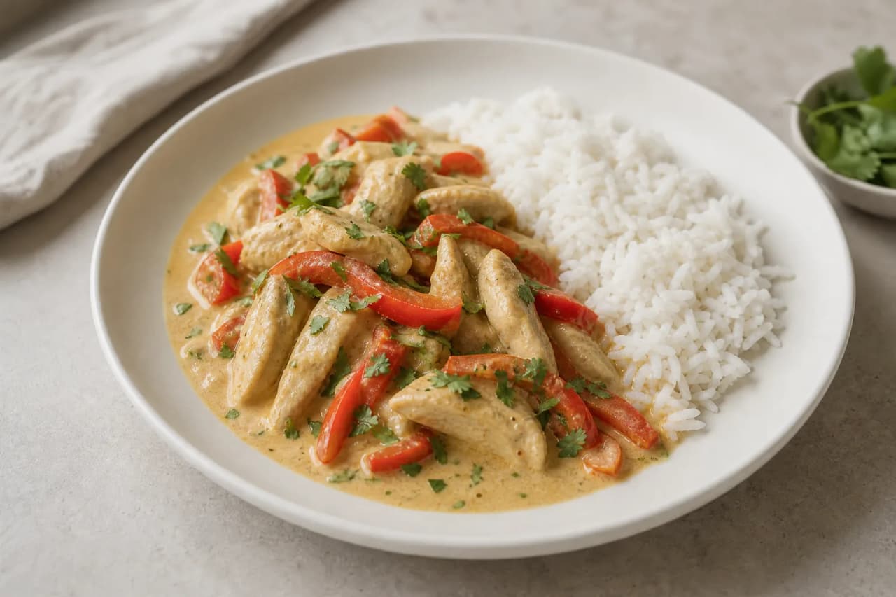 Hähnchencurry mit Reis, angerichtet