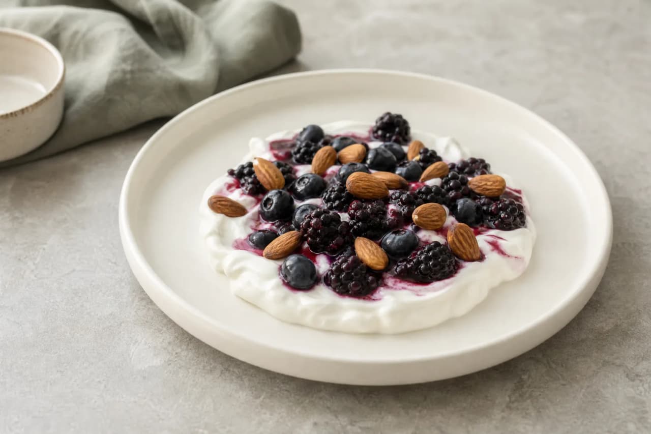 Joghurt mit Beeren und Mandeln, angerichtet