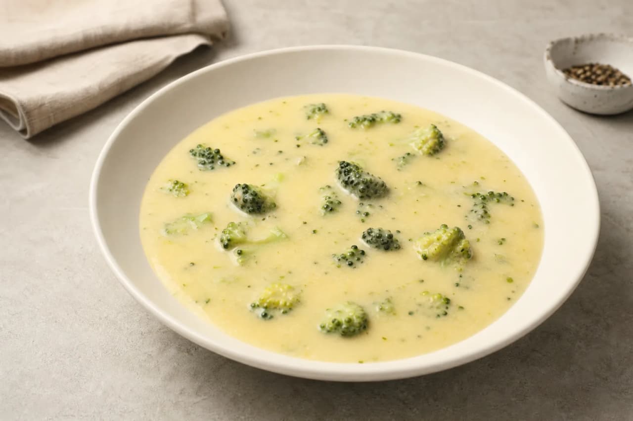 Käsesuppe mit Brokkoli, angerichtet