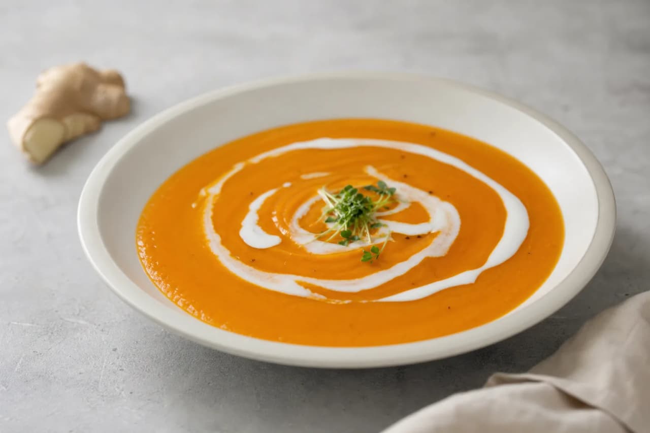 Karottensuppe mit Ingwer, angerichtet