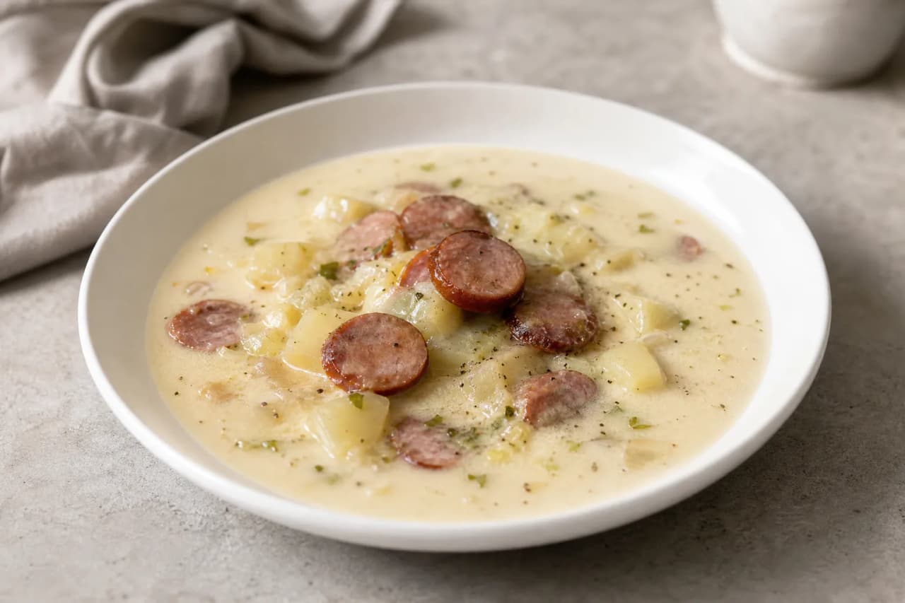 Kartoffelsuppe mit Würstchen, angerichtet