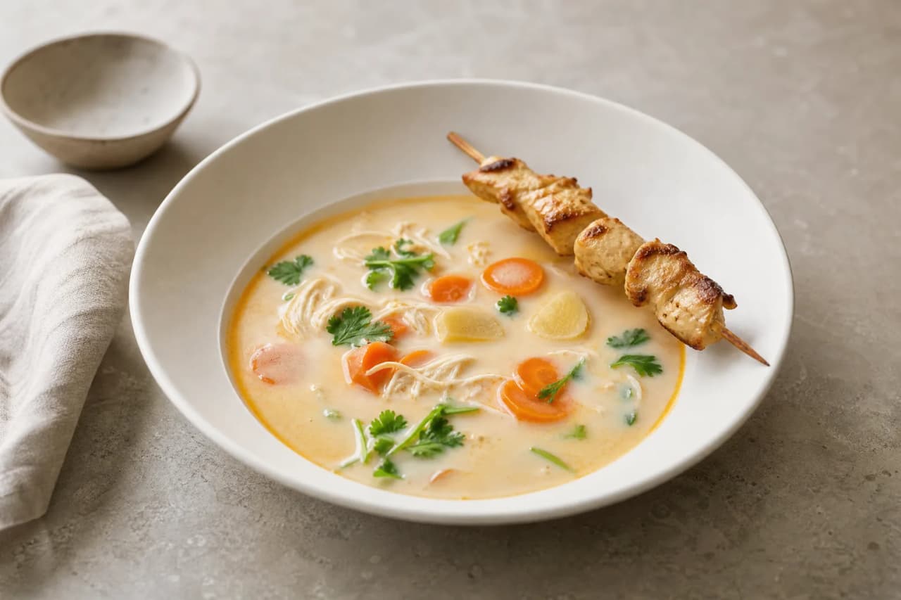 Kokos-Cremesuppe mit Hähnchenspießen, angerichtet