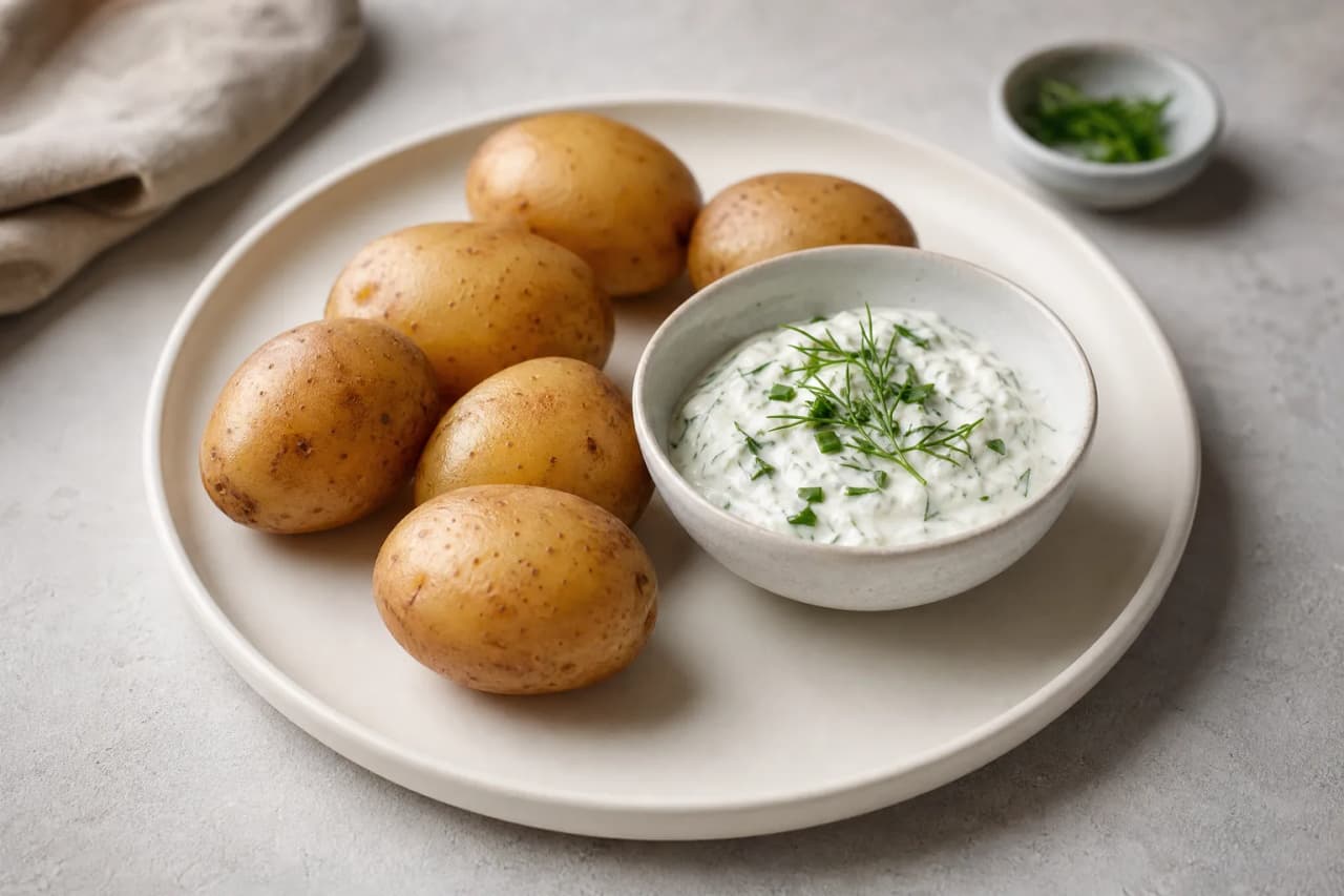 Kräuterquark mit Pellkartoffeln, angerichtet