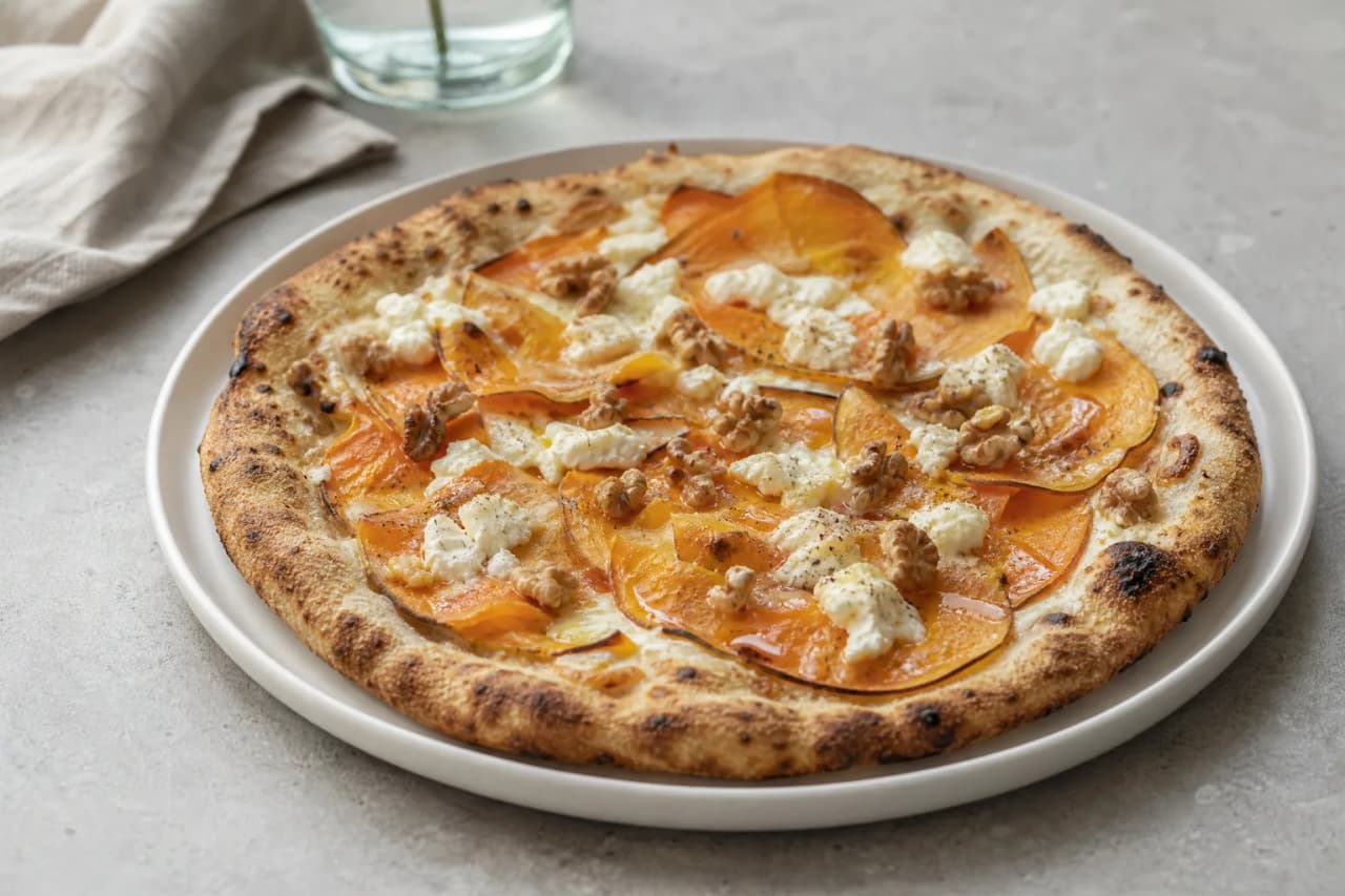 Kürbispizza mit Ziegenkäse, Walnüssen und Honig, angerichtet