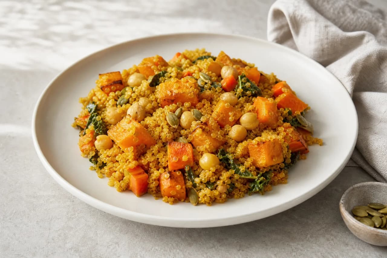 Herbstlicher Kurkuma-Quinoa, angerichtet