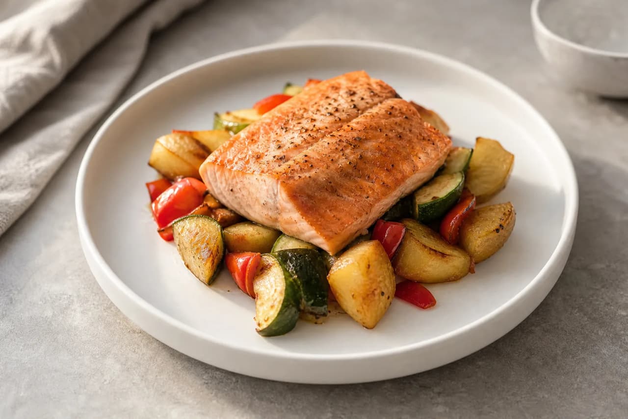 Lachs aus dem Ofen mit Gemüse, angerichtet