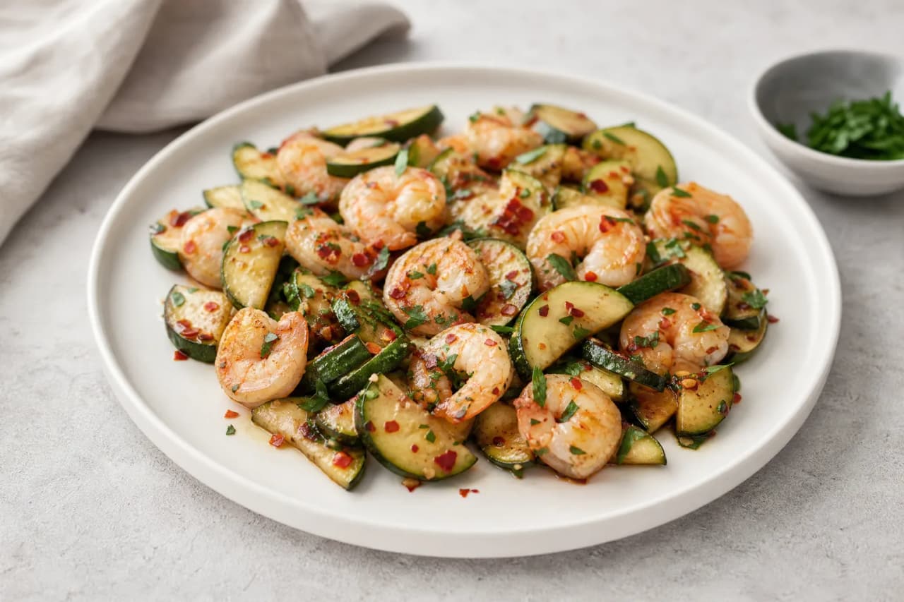Garnelen mit Zucchini, angerichtet