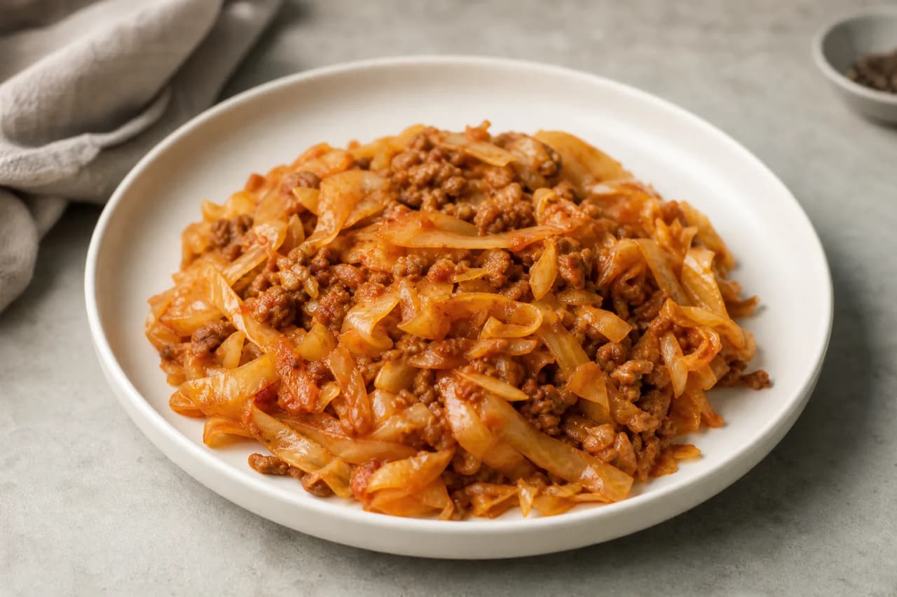 Weißkohlpfanne mit Hack, angerichtet