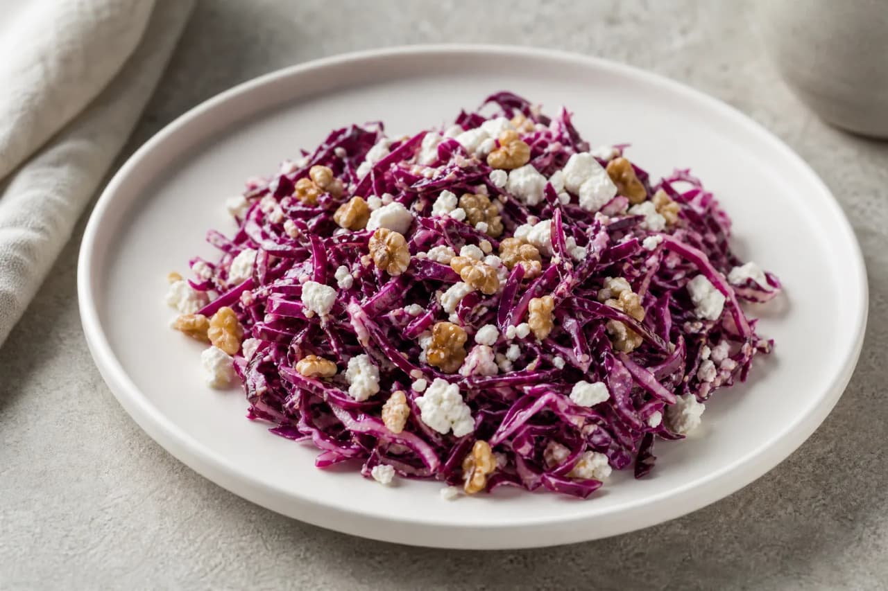 Rotkohlsalat mit Feta und Walnüssen, angerichtet