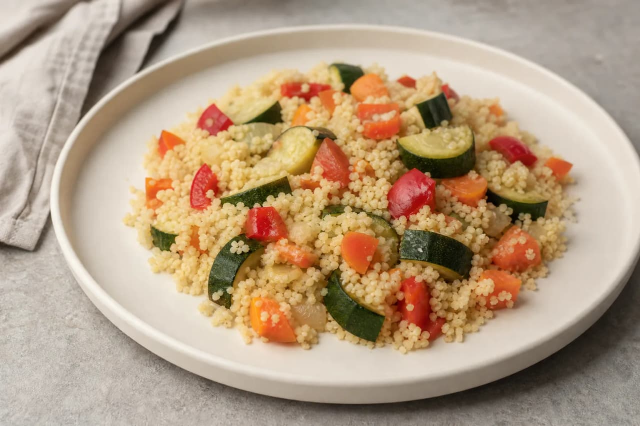 Couscous mit gedünstetem Gemüse, angerichtet