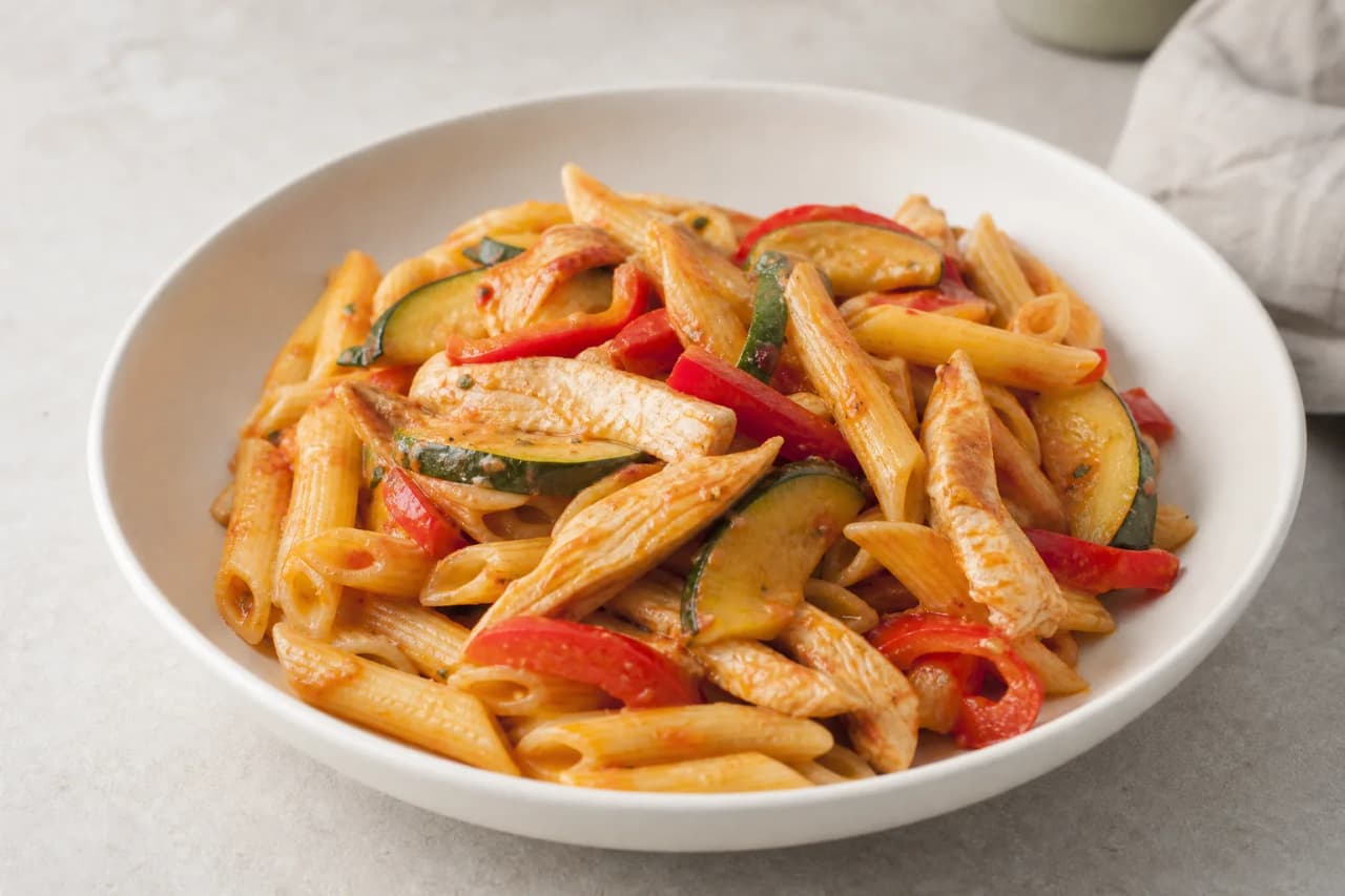 Hähnchen-Nudel-Pfanne, angerichtet