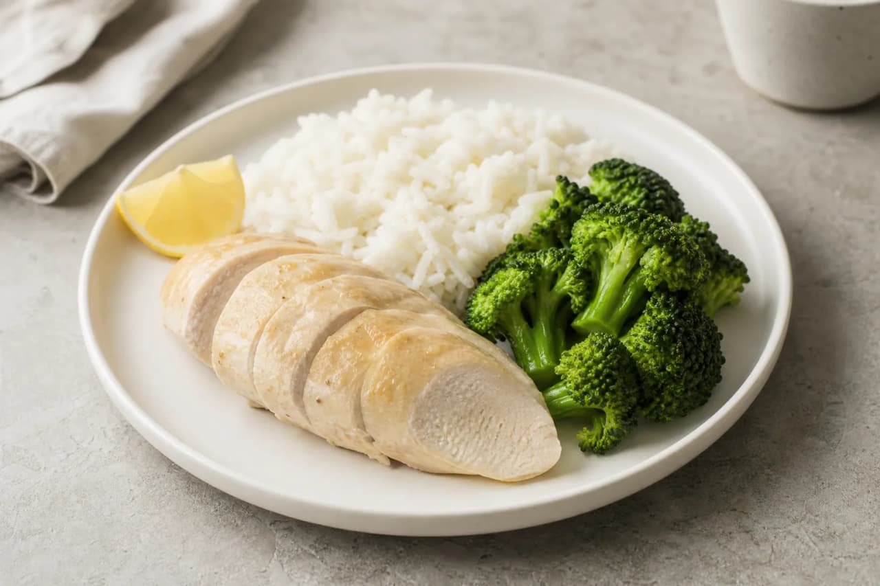 Hähnchen mit Reis und Brokkoli, angerichtet
