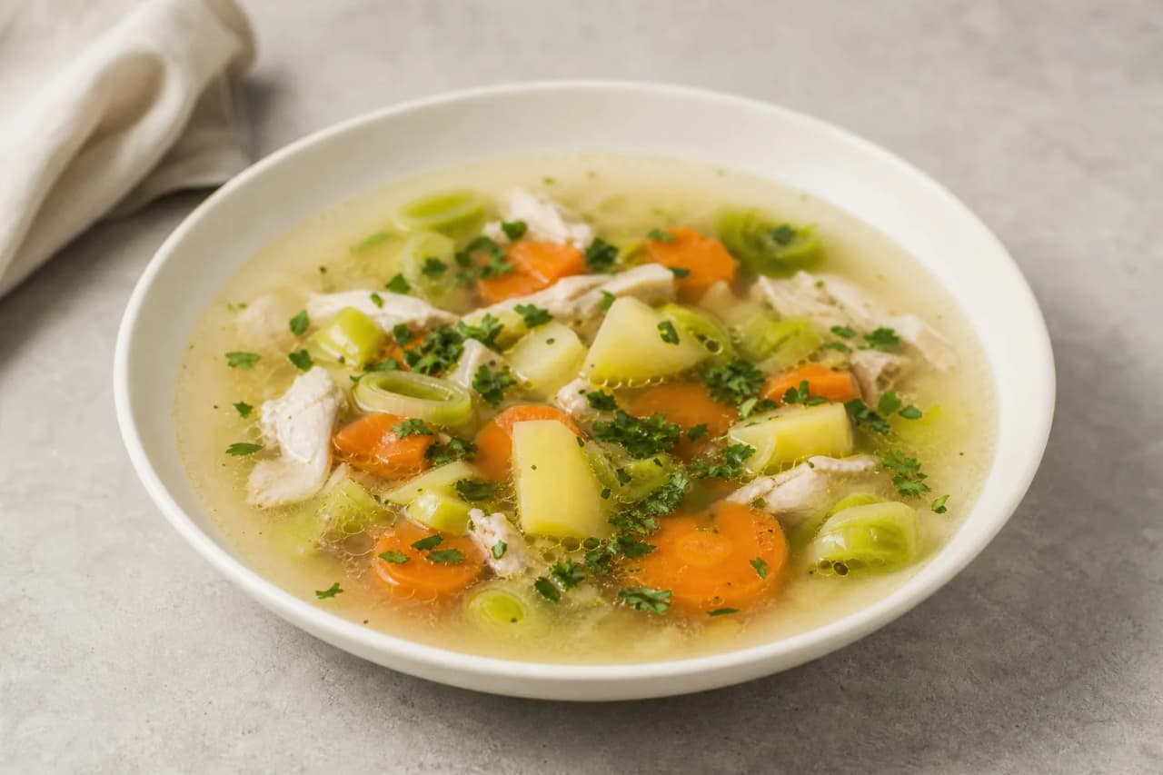 Hühnersuppe mit Gemüse, angerichtet
