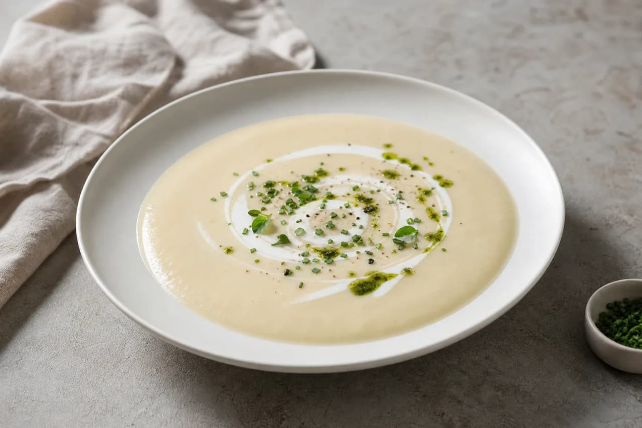 Blumenkohlsuppe mit Quark, angerichtet