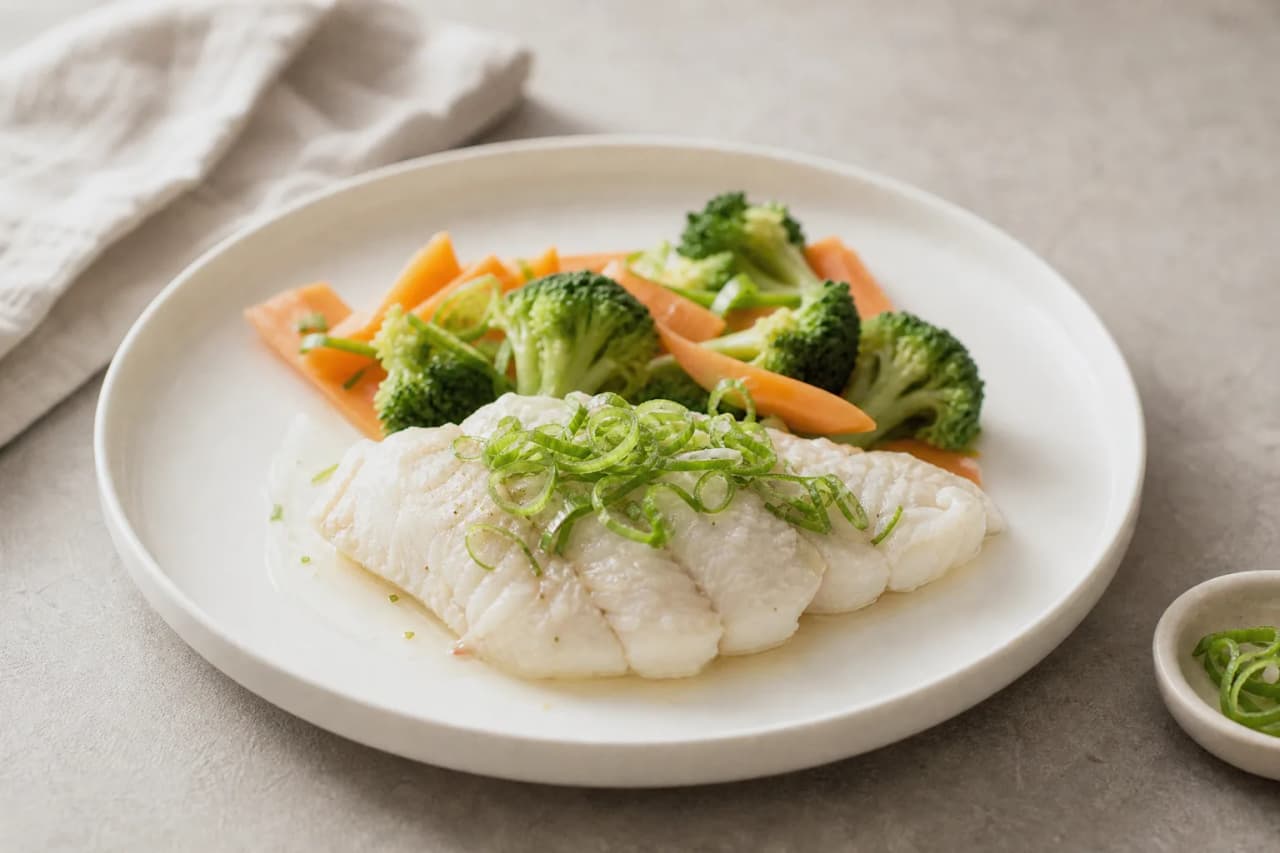 Gedämpfter Fisch mit Gemüse, angerichtet