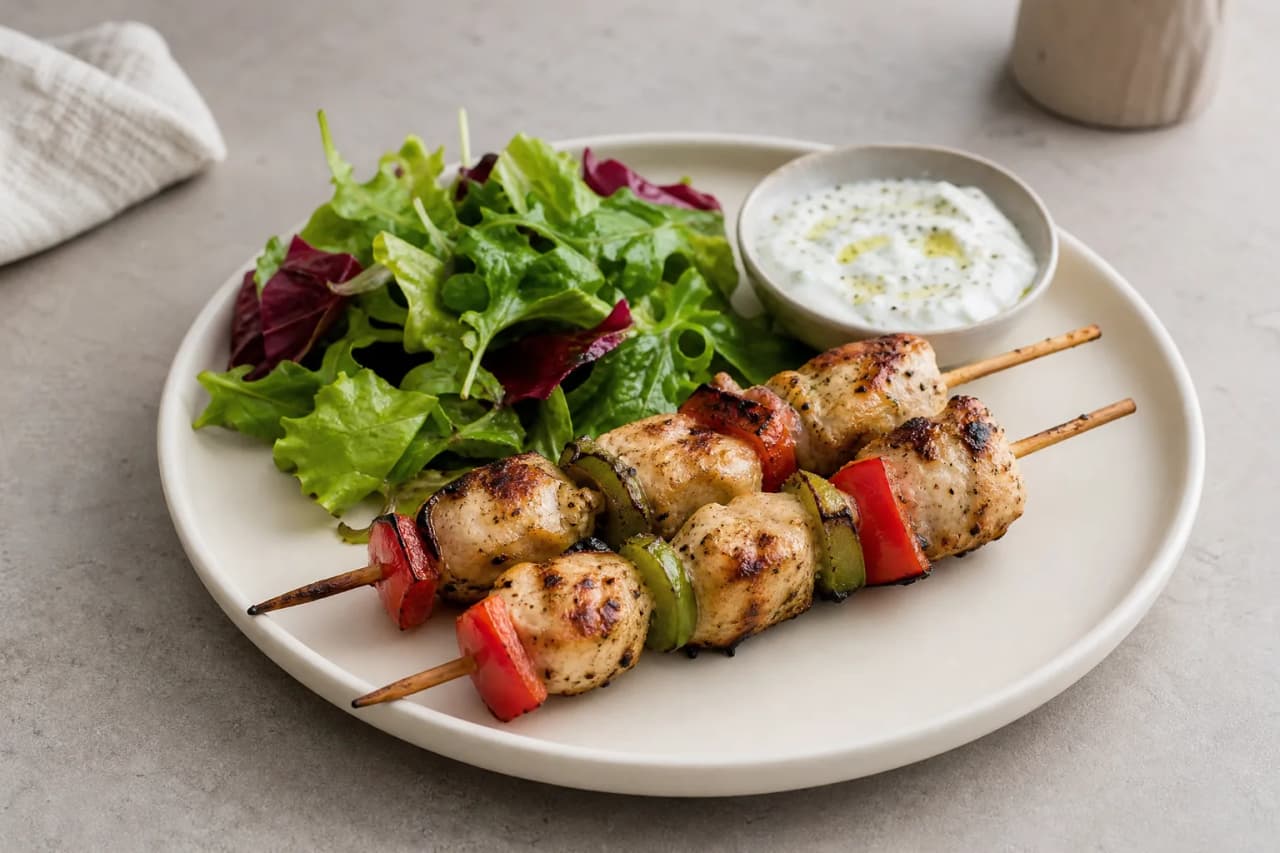 Hähnchenspieße mit Salat, angerichtet