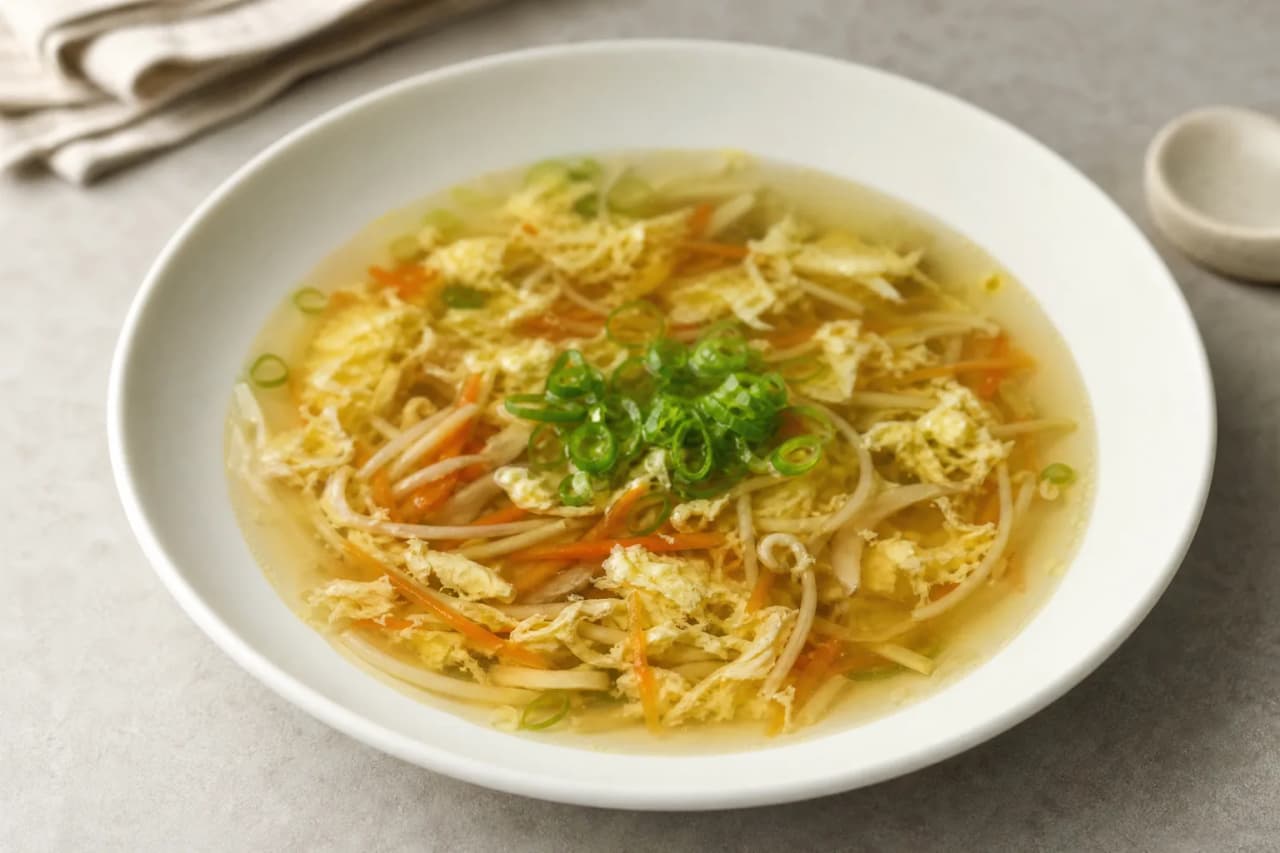 Klare Gemüsesuppe mit Ei, angerichtet