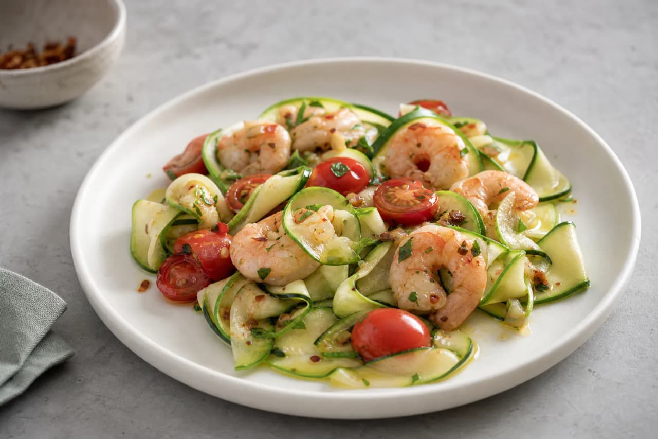 Zucchininudeln mit Garnelen, angerichtet