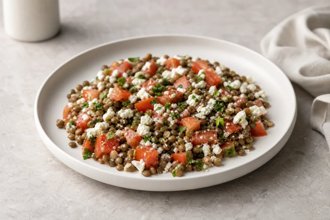 Linsensalat mit Feta, angerichtet