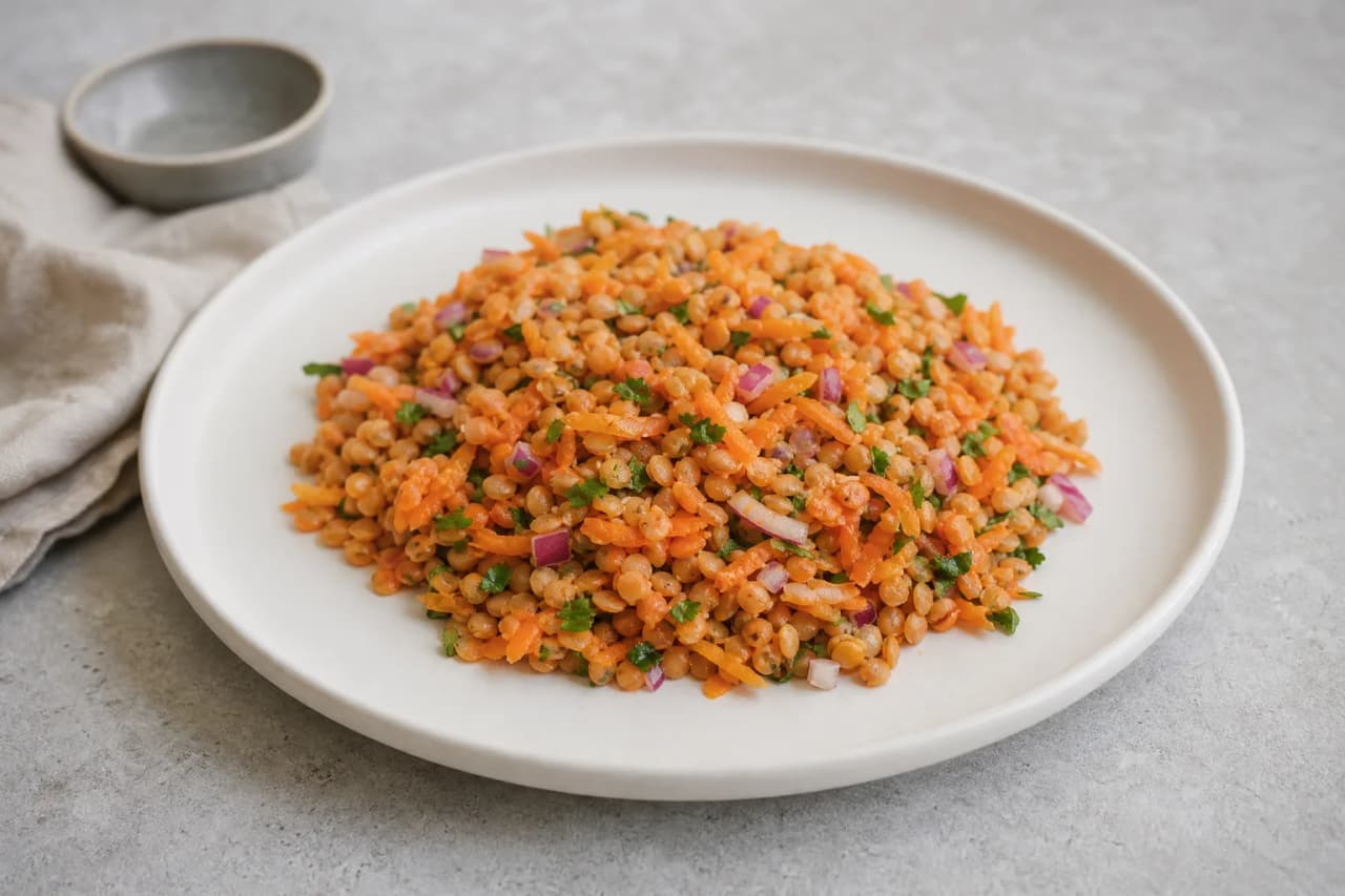 Roter Linsensalat mit Möhre, angerichtet