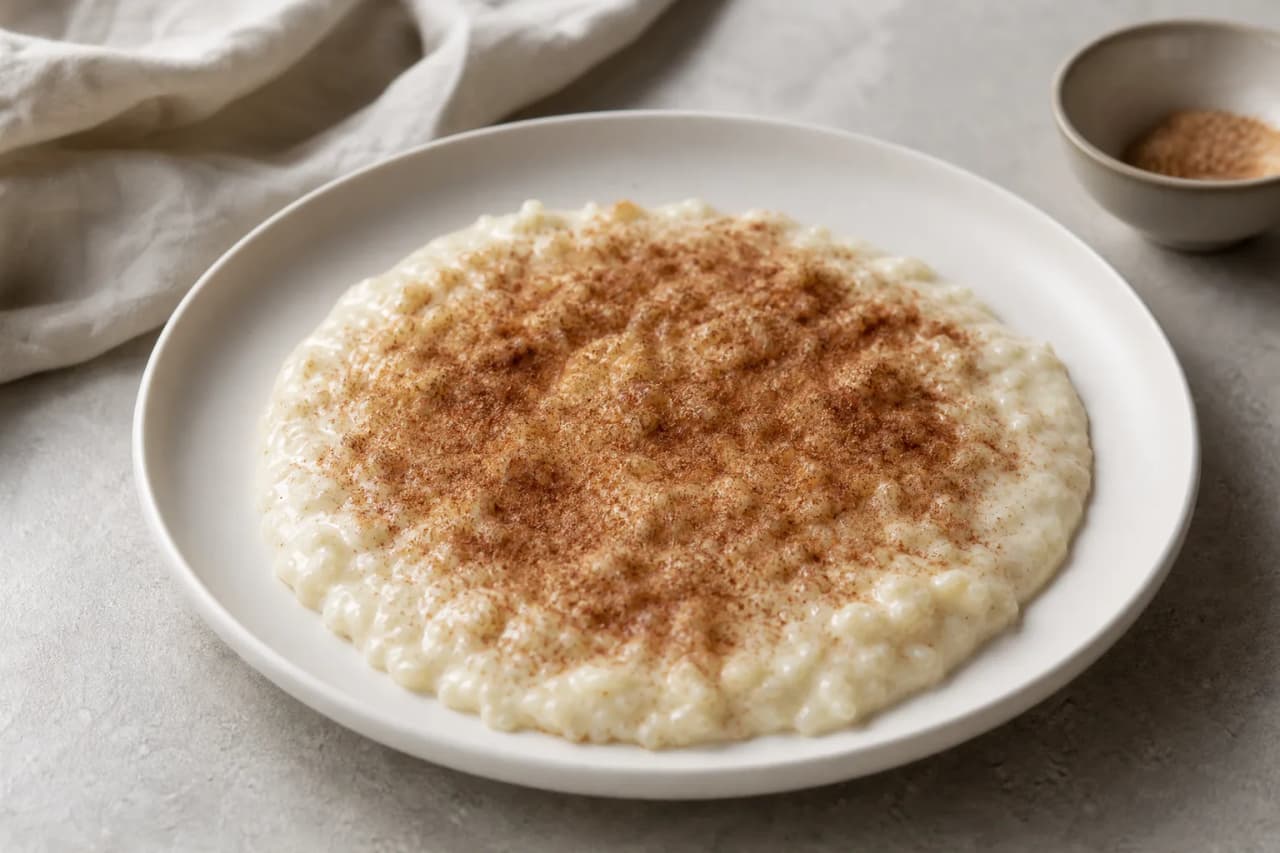 Milchreis mit Zimt und Zucker, angerichtet