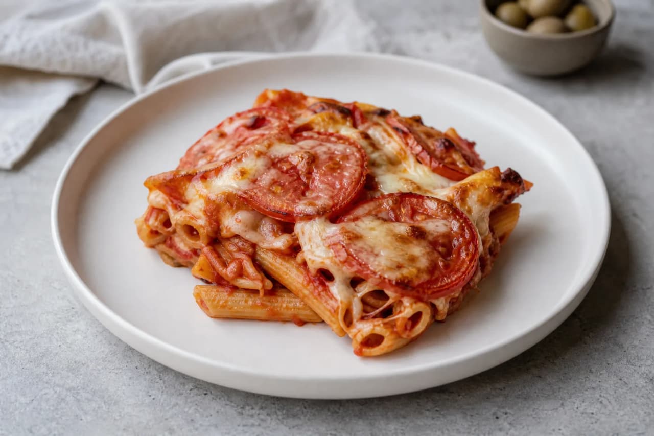 Nudelauflauf Tomate-Mozzarella, angerichtet