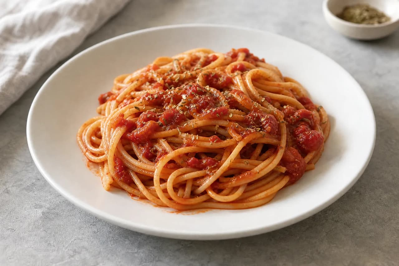 Nudeln mit Tomatensoße, angerichtet