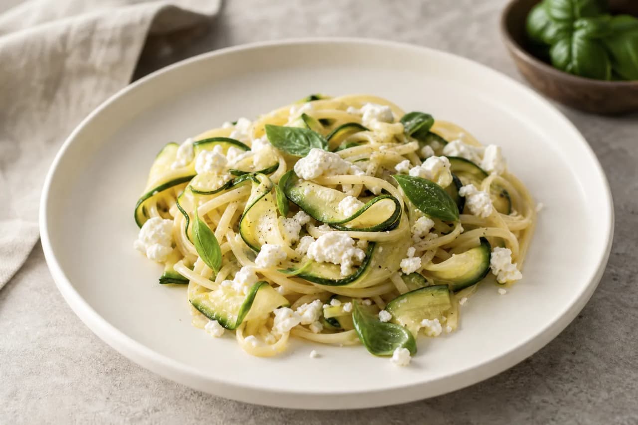 Nudeln mit Zucchini und Feta, angerichtet