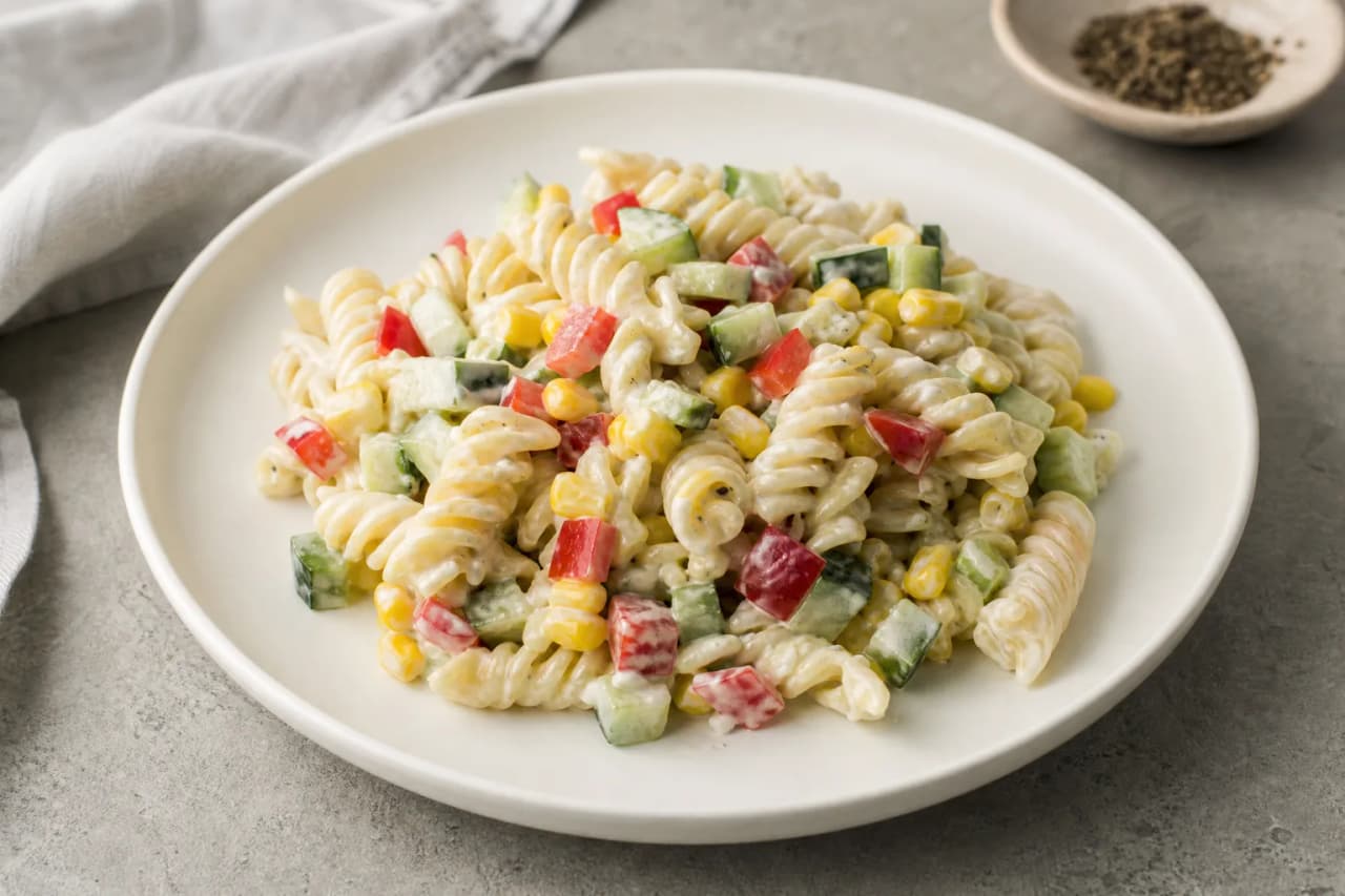 Nudelsalat mit Paprika und Mais, angerichtet