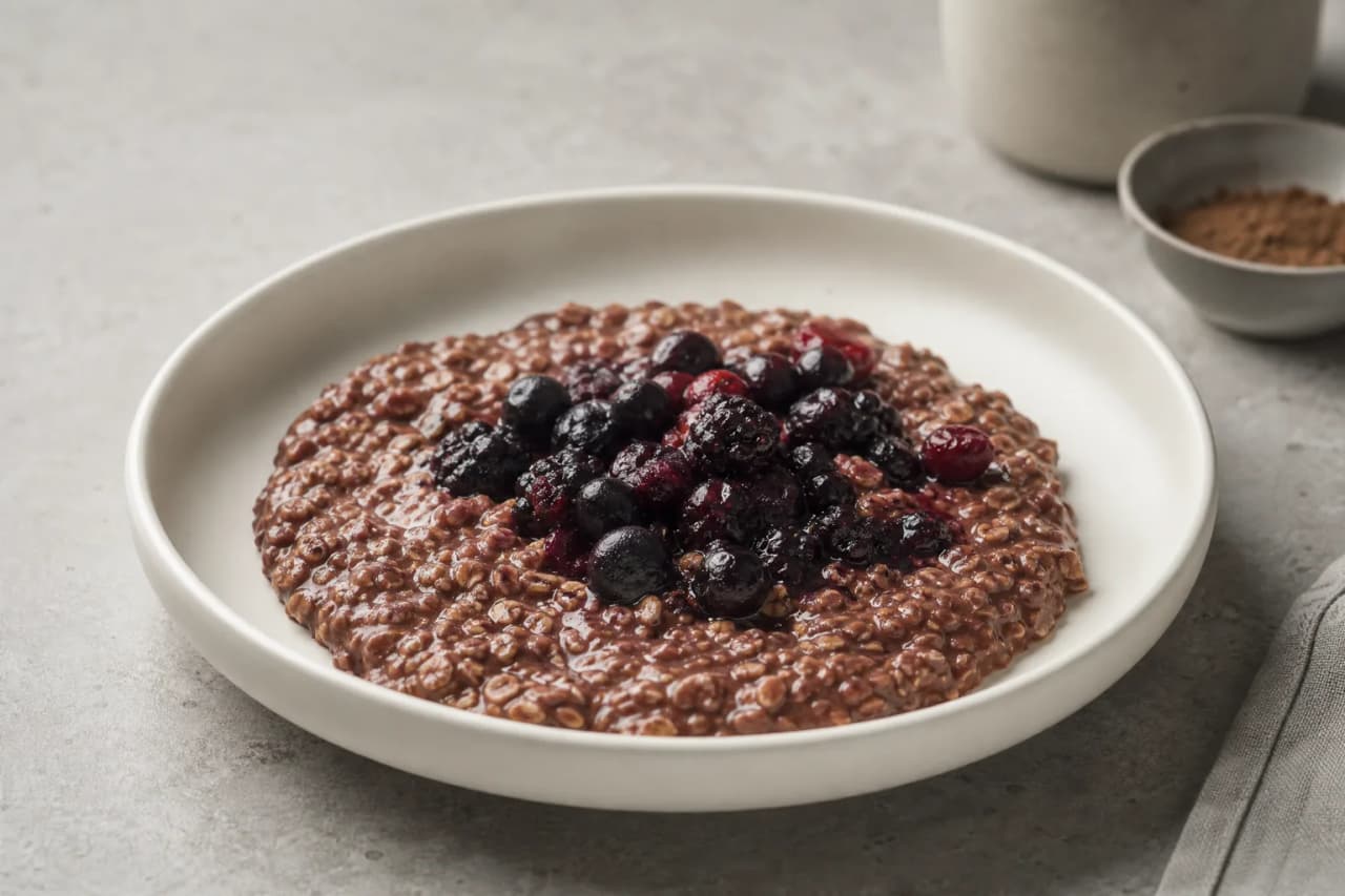 Overnight Oats mit Beeren und Kakao, angerichtet