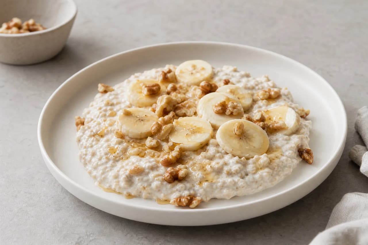 Overnight Oats mit Banane und Walnüssen, angerichtet