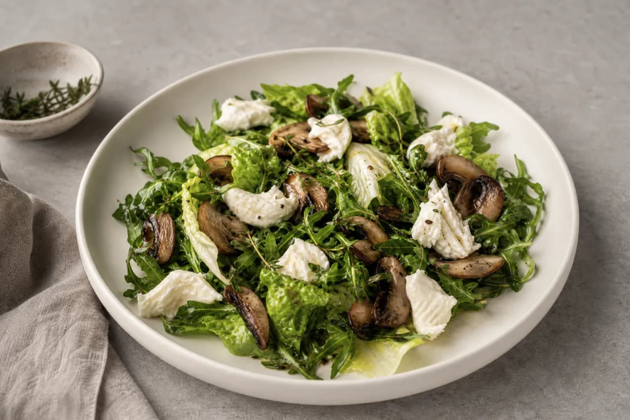 Pilzsalat mit Mozzarella und Thymian, angerichtet