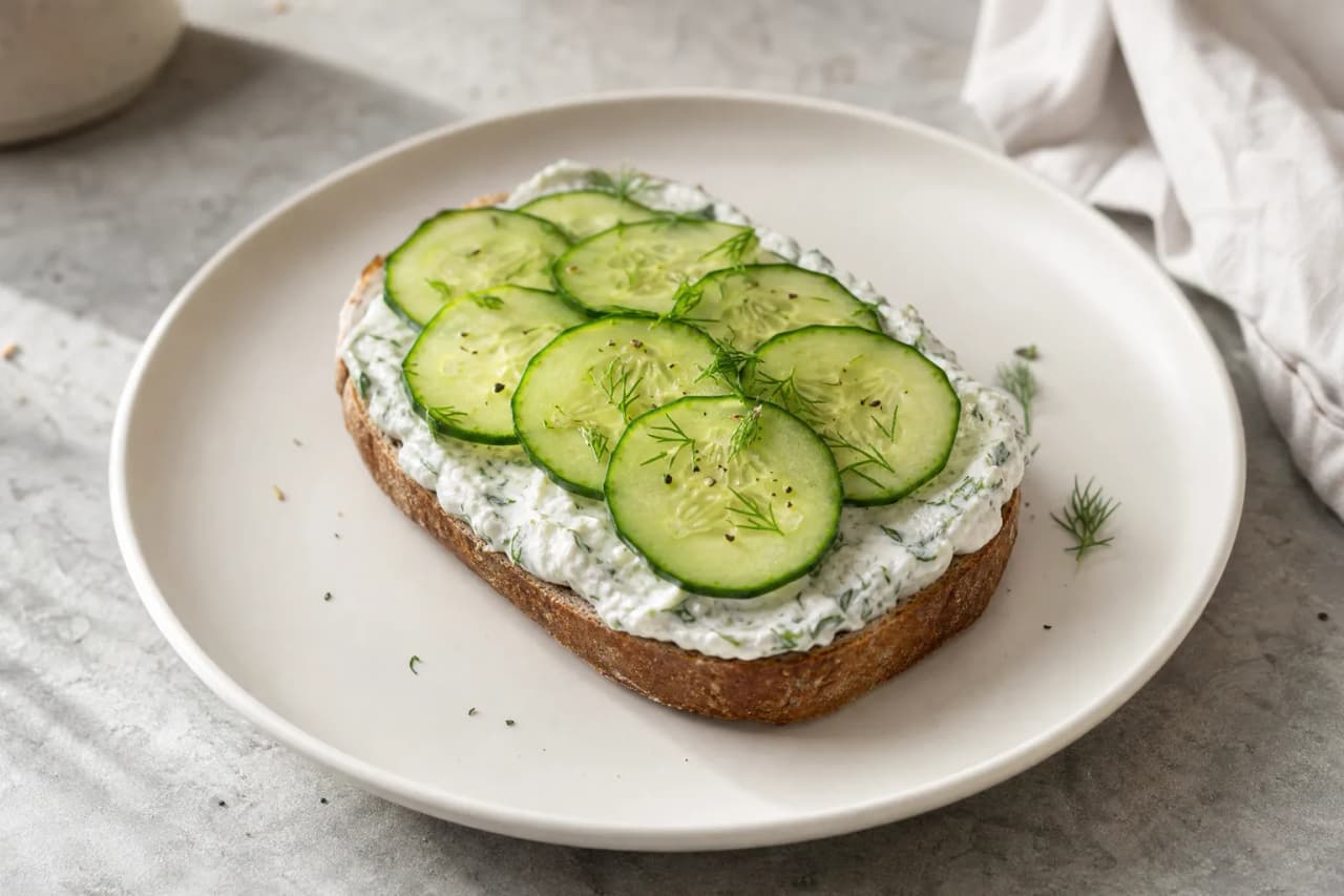 Quarkbrot mit Gurke, angerichtet